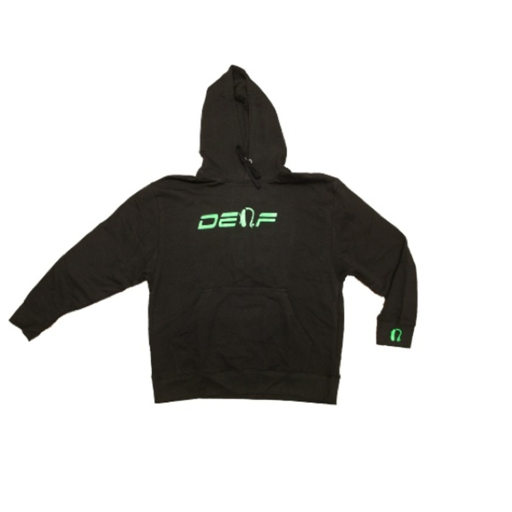 Black/lime DEAF CLOTHING unisex hoodie pull over.